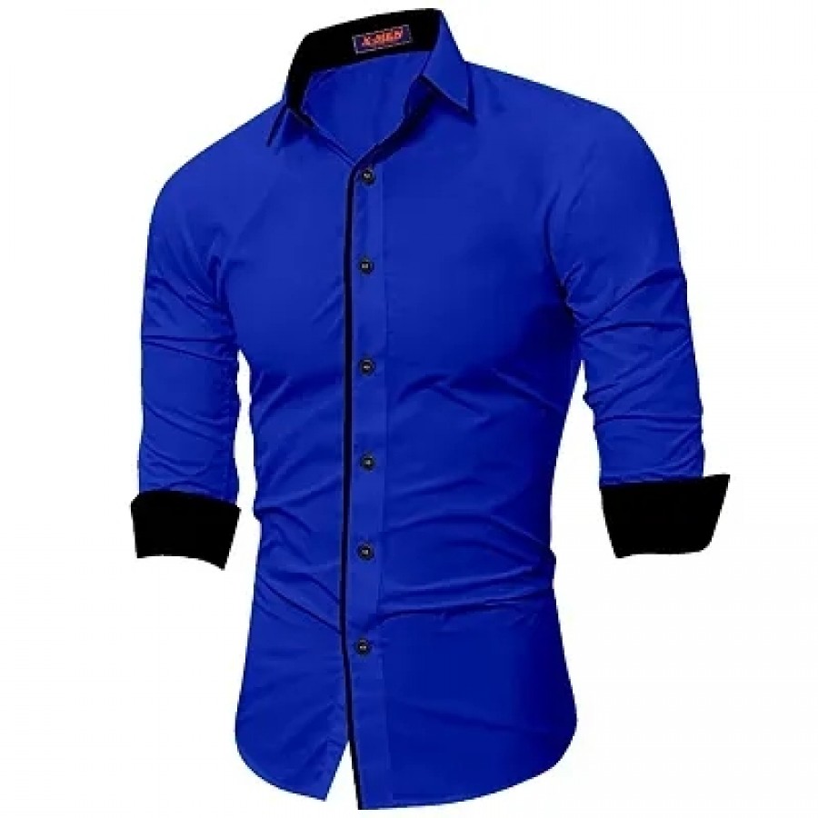 Blue Cotton Solid Casual Shirts For Men