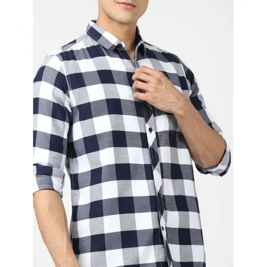 Blue Cotton Checked Casual Shirts For Men