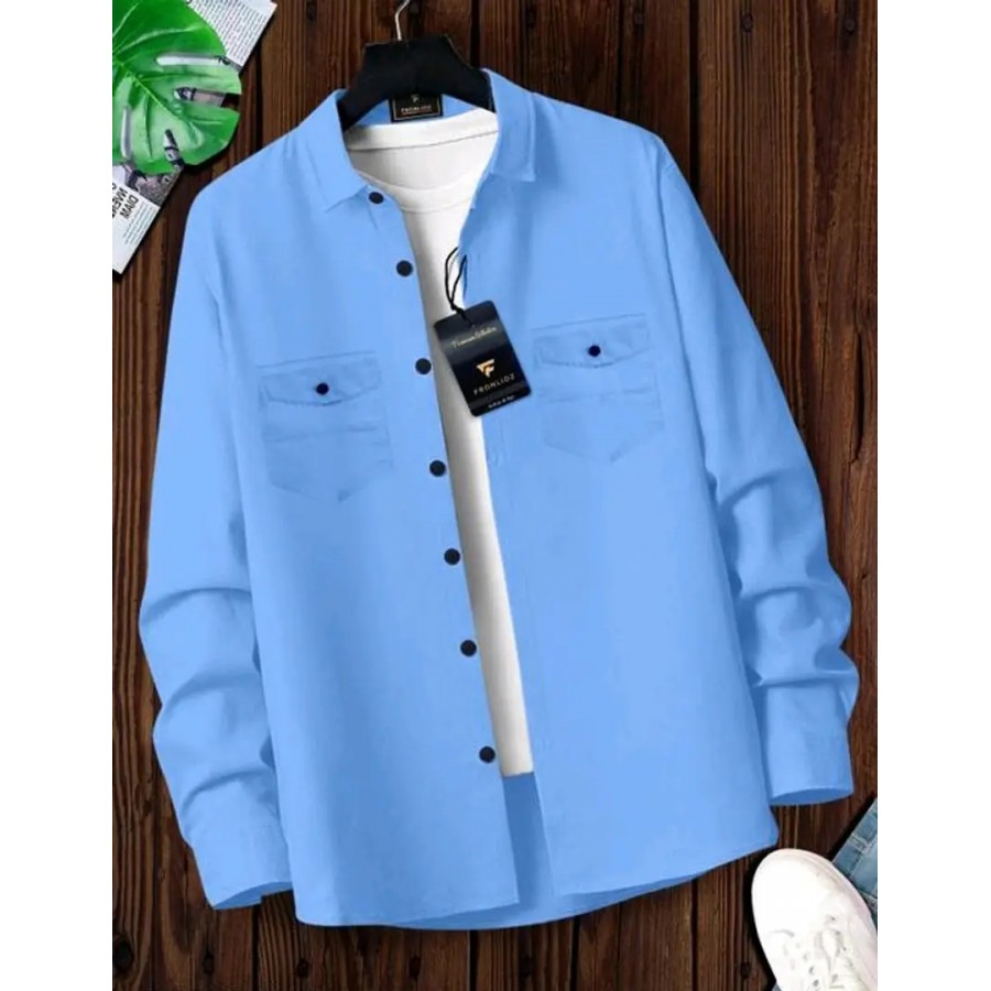 Blue Cotton Solid Casual Shirts For Men