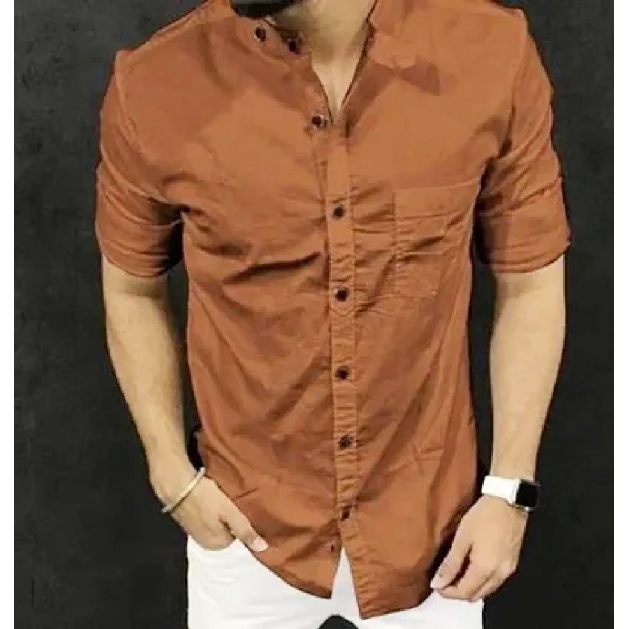 Brown Cotton Solid Casual Shirts For Men