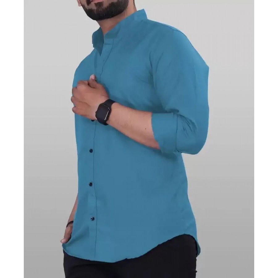 Classic Cotton Blue Solid Long Sleeve Casual Shirt For Men