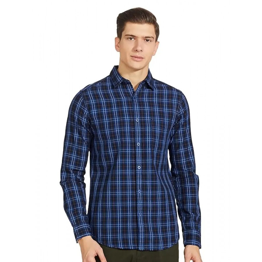 Classic Blue Cotton Blend Checked Casual Shirt For Men