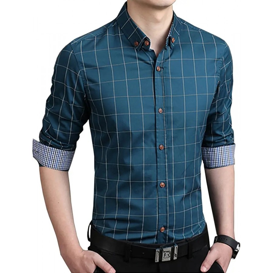 Classic Blue Cotton Striped Casual Shirt For Men