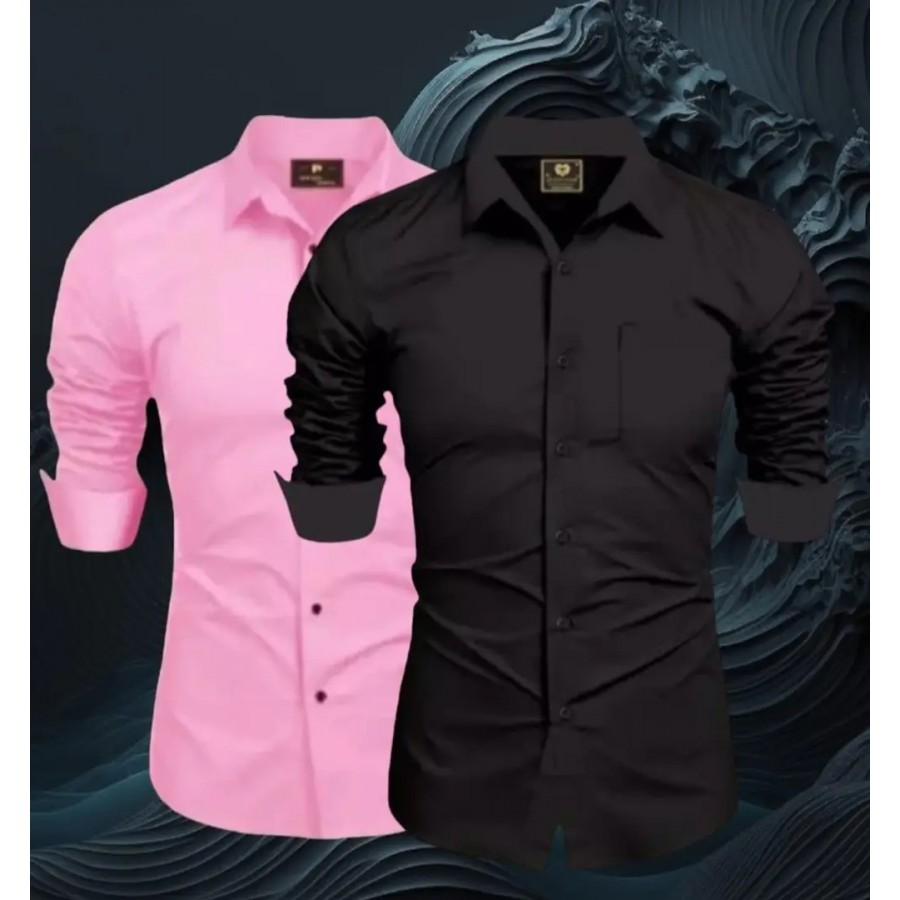 Classic Cotton Long Sleeves Solid Casual Shirts for Men Pack of 2