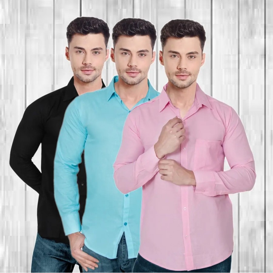 Classic Cotton Solid Casual Shirts for Men, Pack of 3