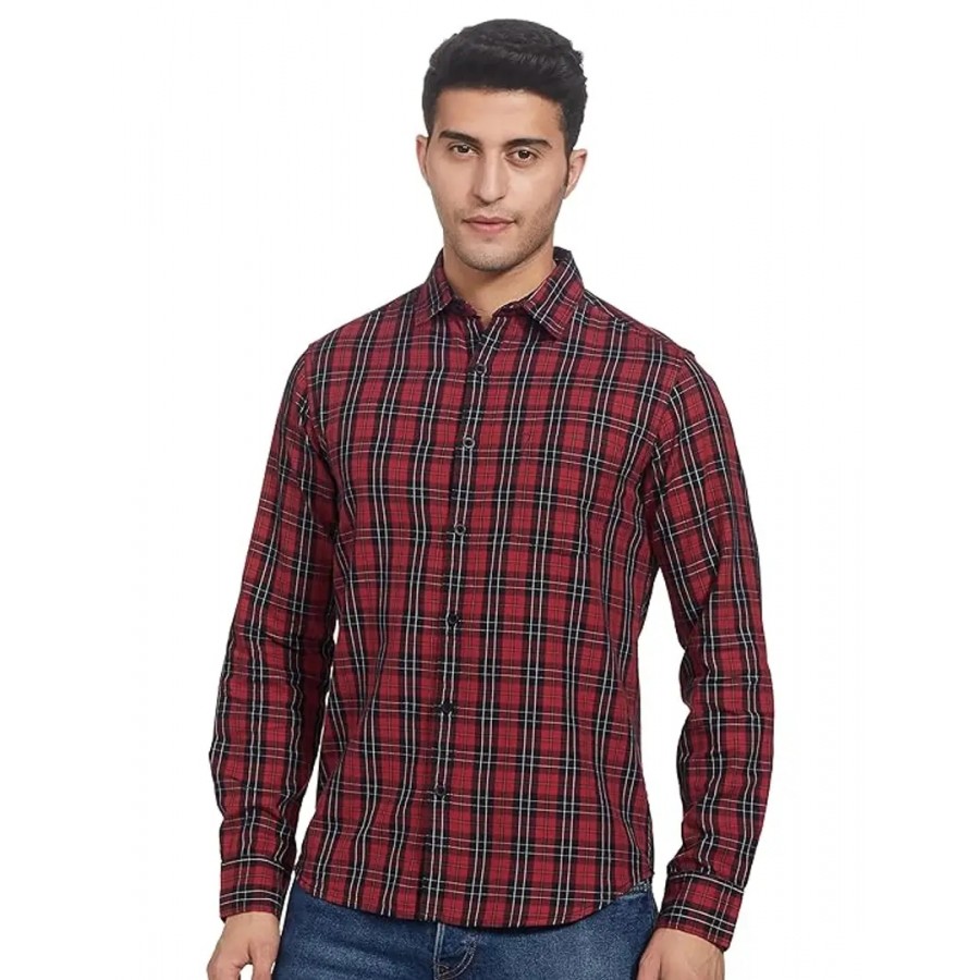 Classic Maroon Cotton Blend Checked Casual Shirt For Men