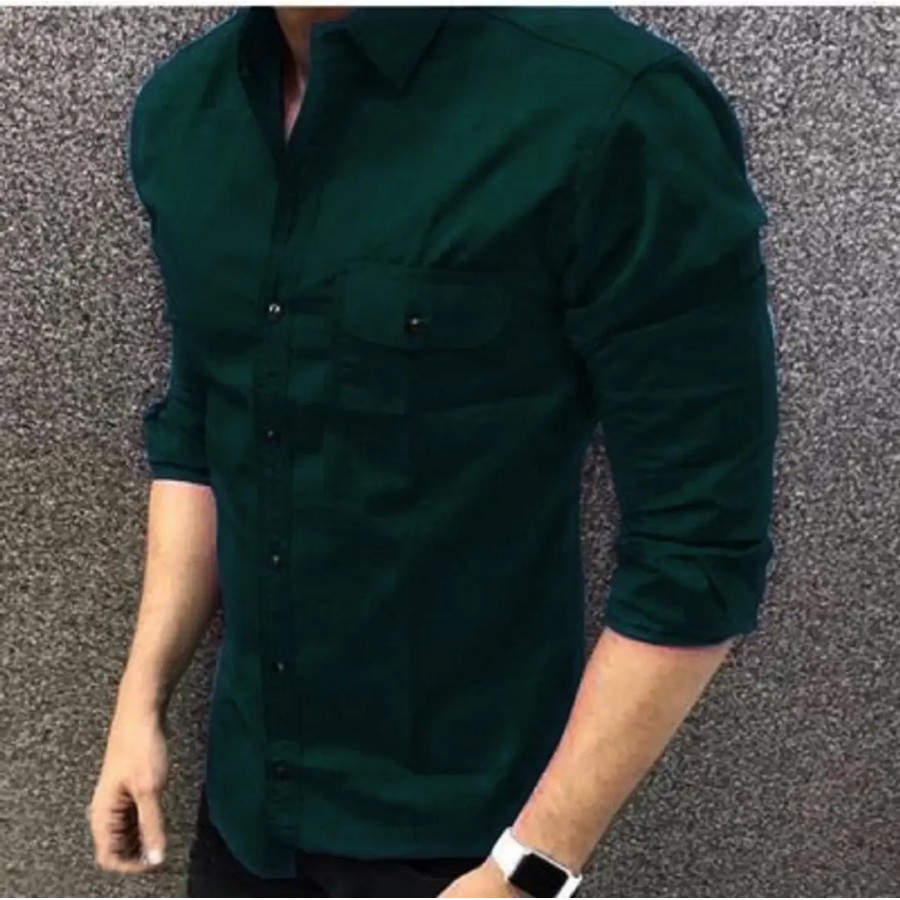 Classic Olive Cotton Solid Casual Shirts for Men