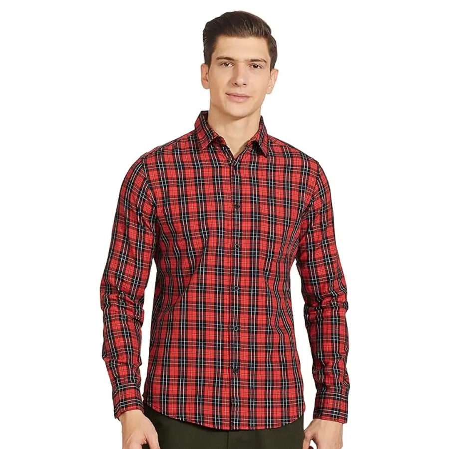 Classic Red Cotton Blend Checked Casual Shirt For Men