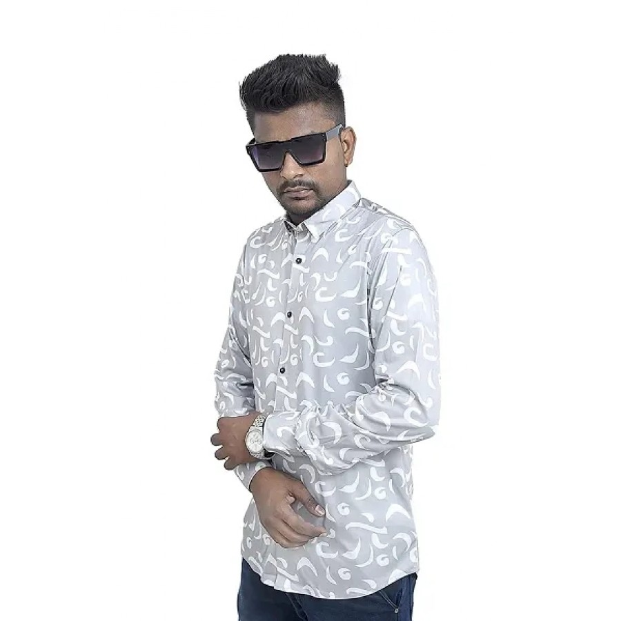 Designer Lycra Printed Silver  Regular Fit Full Sleeve Shirts For Men