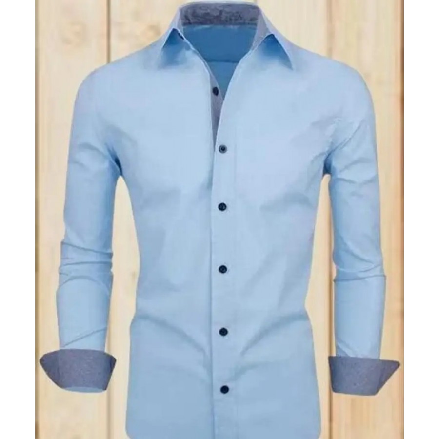 Elegant Blue Cotton Blend Solid Long Sleeves Casual Shirts For Men