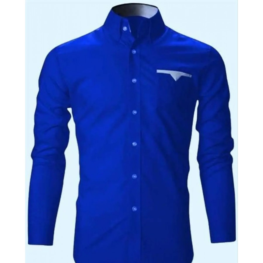 Elegant Blue Cotton Blend Solid Long Sleeves Casual Shirts For Men