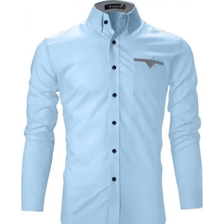 Elegant Blue Cotton Blend Solid Long Sleeves Casual Shirts For Men