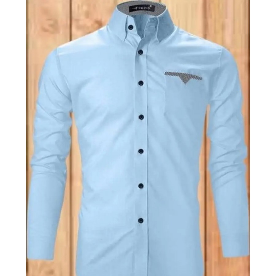 Elegant Blue Cotton Blend Solid Long Sleeves Casual Shirts For Men