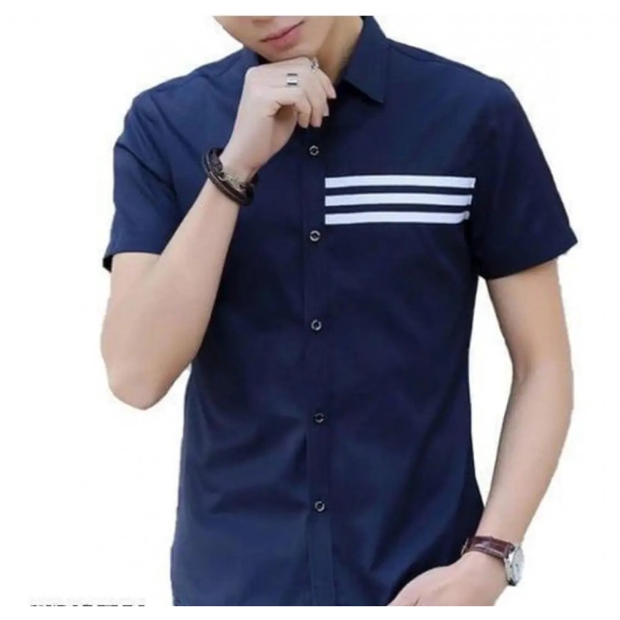 Elegant Cotton Navy Blue Long Sleeve Casual Shirt For Men