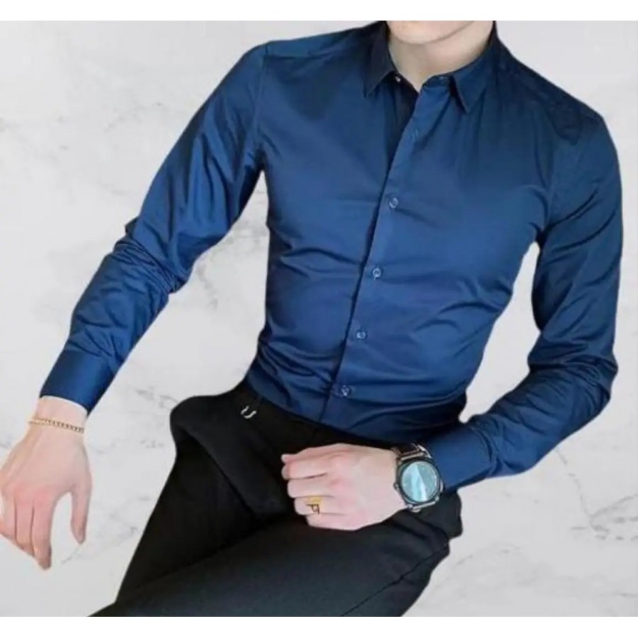 Elegant Cotton Navy Blue Long Sleeve Casual Shirt For Men