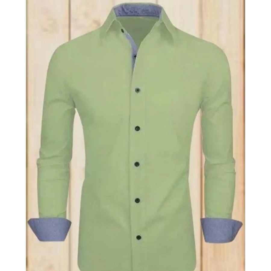 Elegant Green Cotton Blend Solid Long Sleeves Casual Shirts For Men