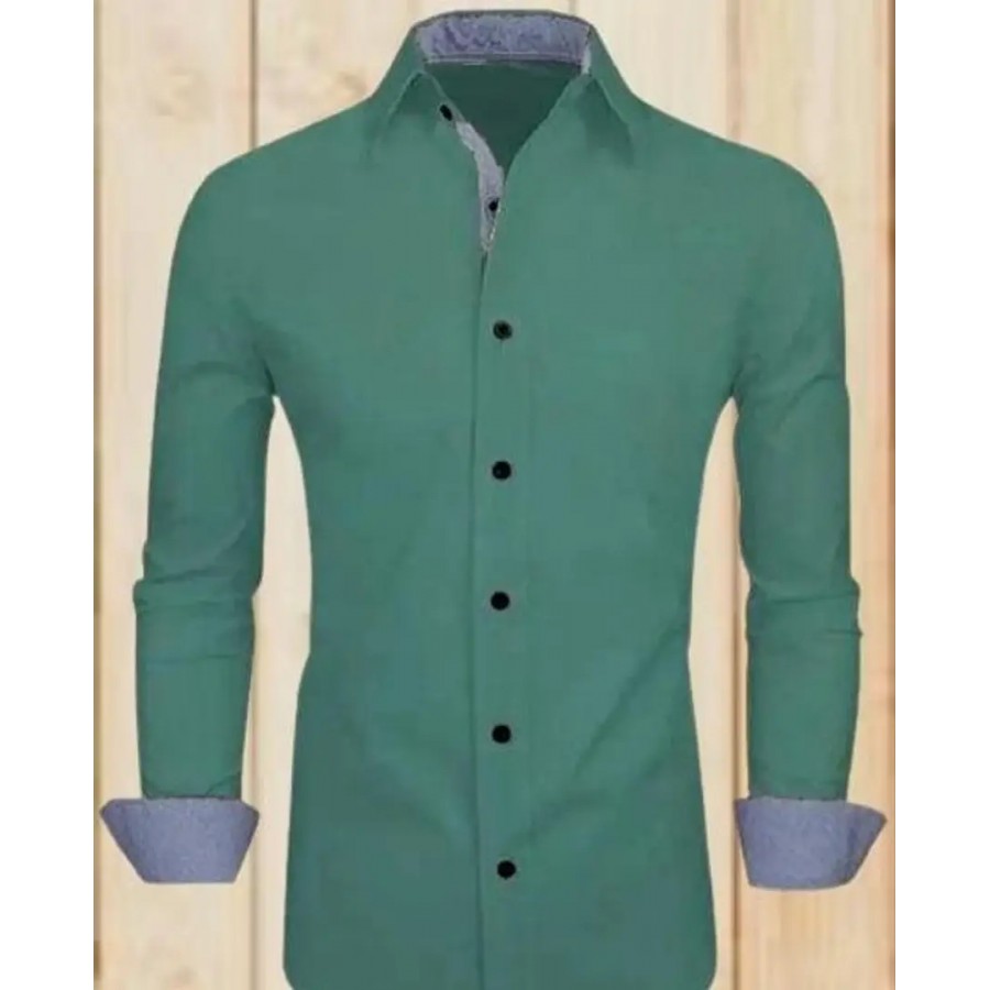 Elegant Green Cotton Blend Solid Long Sleeves Casual Shirts For Men