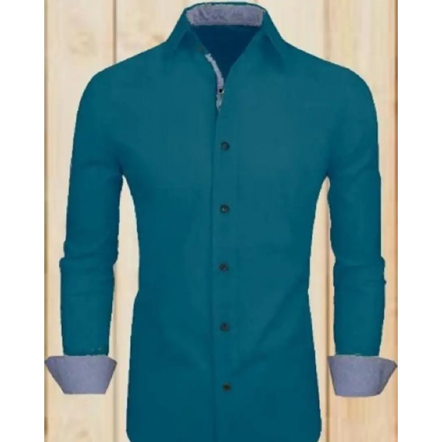 Elegant Green Cotton Blend Solid Long Sleeves Casual Shirts For Men