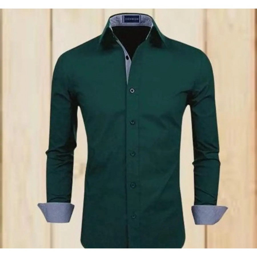 Elegant Green Cotton Blend Solid Long Sleeves Casual Shirts For Men