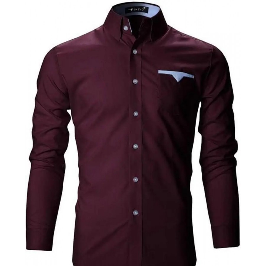 Elegant Maroon Cotton Blend Solid Long Sleeves Casual Shirts For Men