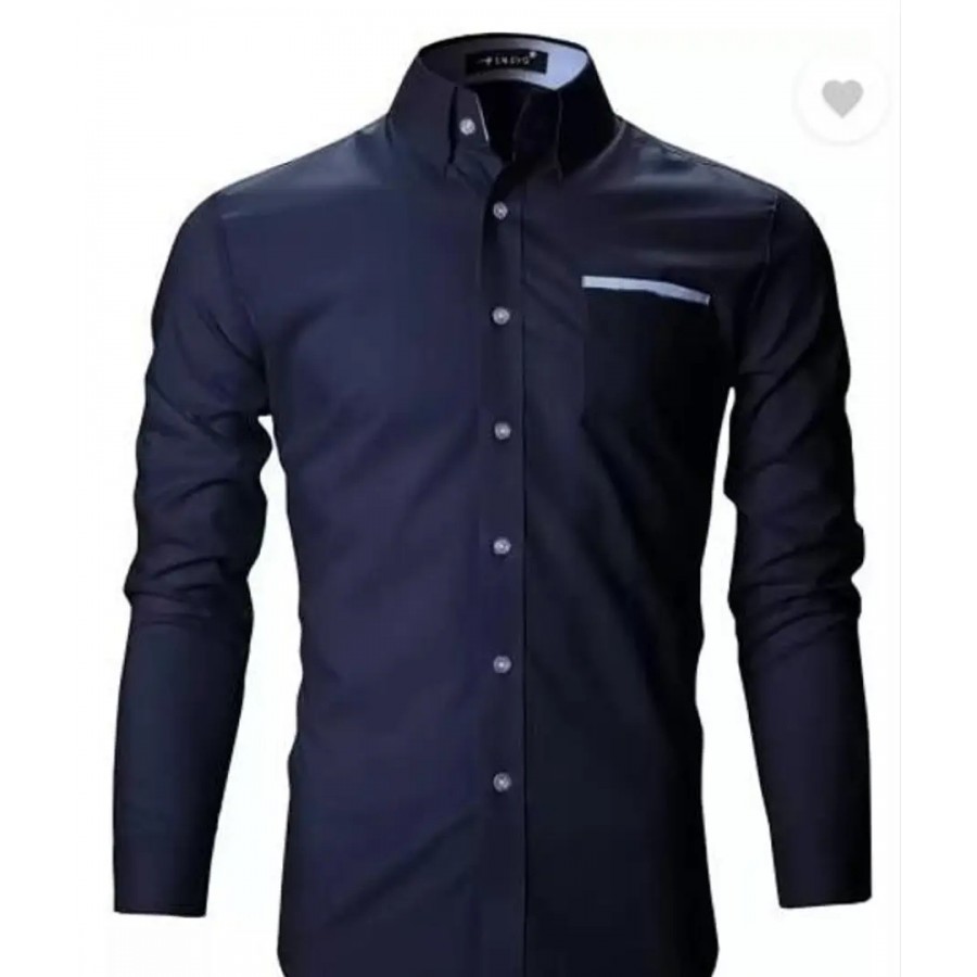 Elegant Navy Blue Cotton Blend Solid Long Sleeves Casual Shirts For Men