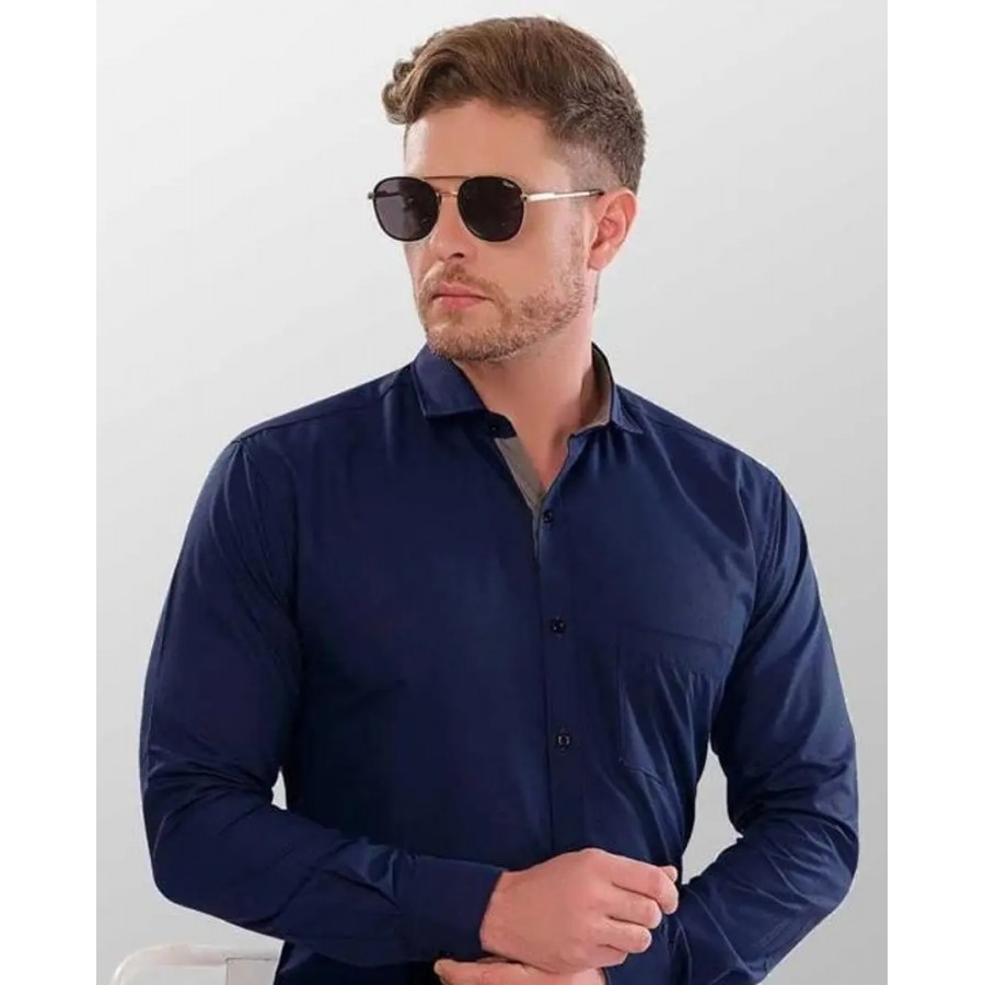 Elegant Navy Blue Cotton Blend Solid Long Sleeves Casual Shirts For Men