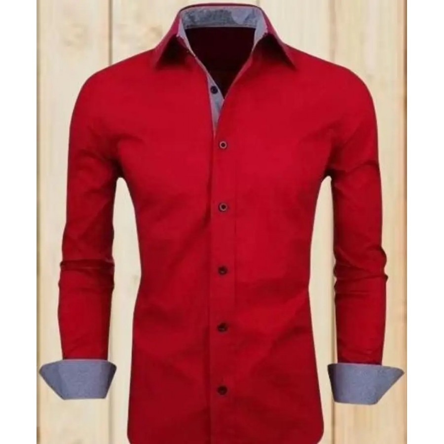 Elegant Red Cotton Blend Solid Long Sleeves Casual Shirts For Men