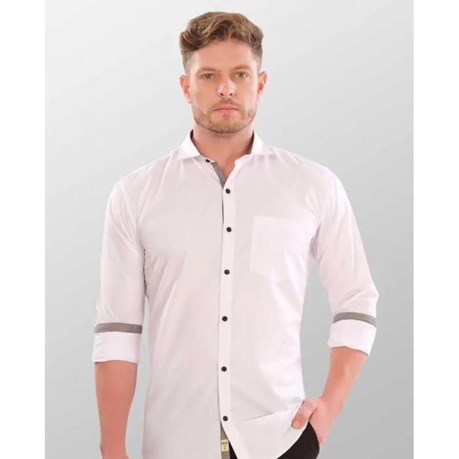 Elegant White Cotton Blend Solid Long Sleeves Casual Shirts For Men