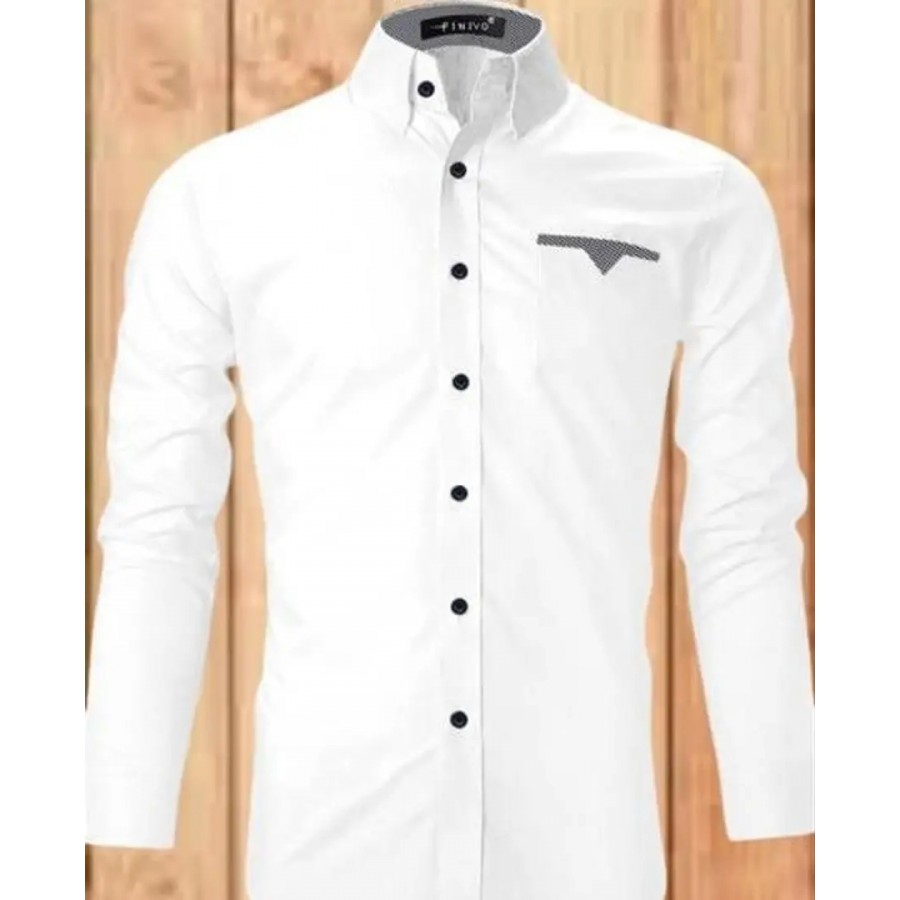 Elegant White Cotton Blend Solid Long Sleeves Casual Shirts For Men