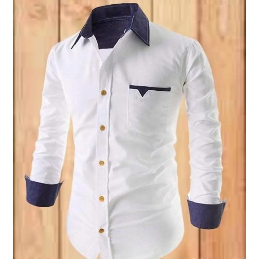 Elegant White Cotton Blend Solid Long Sleeves Casual Shirts For Men