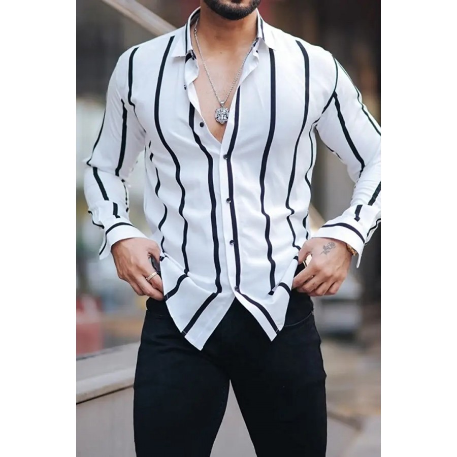 Elegant White Polyester Spandex Striped Casual Shirts For Men