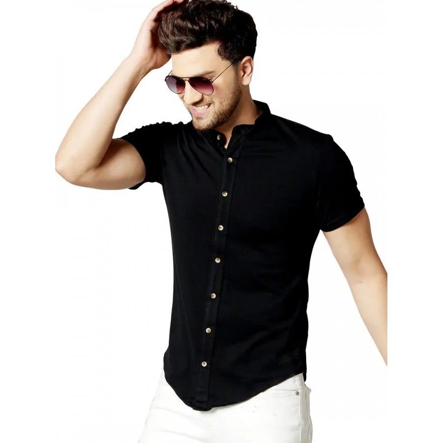 GESPO Men's Black Mandarin Collar Half Sleeve Casual Shirt