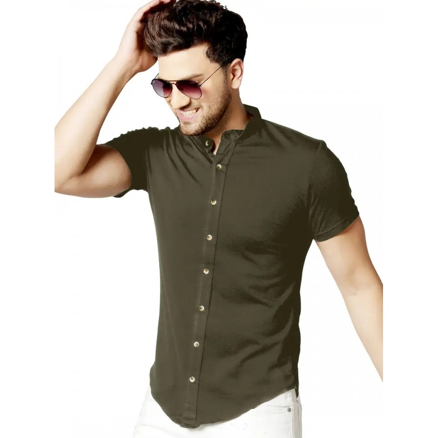 GESPO Men's Dark Green Mandarin Collar Half Sleeve Casual Shirt