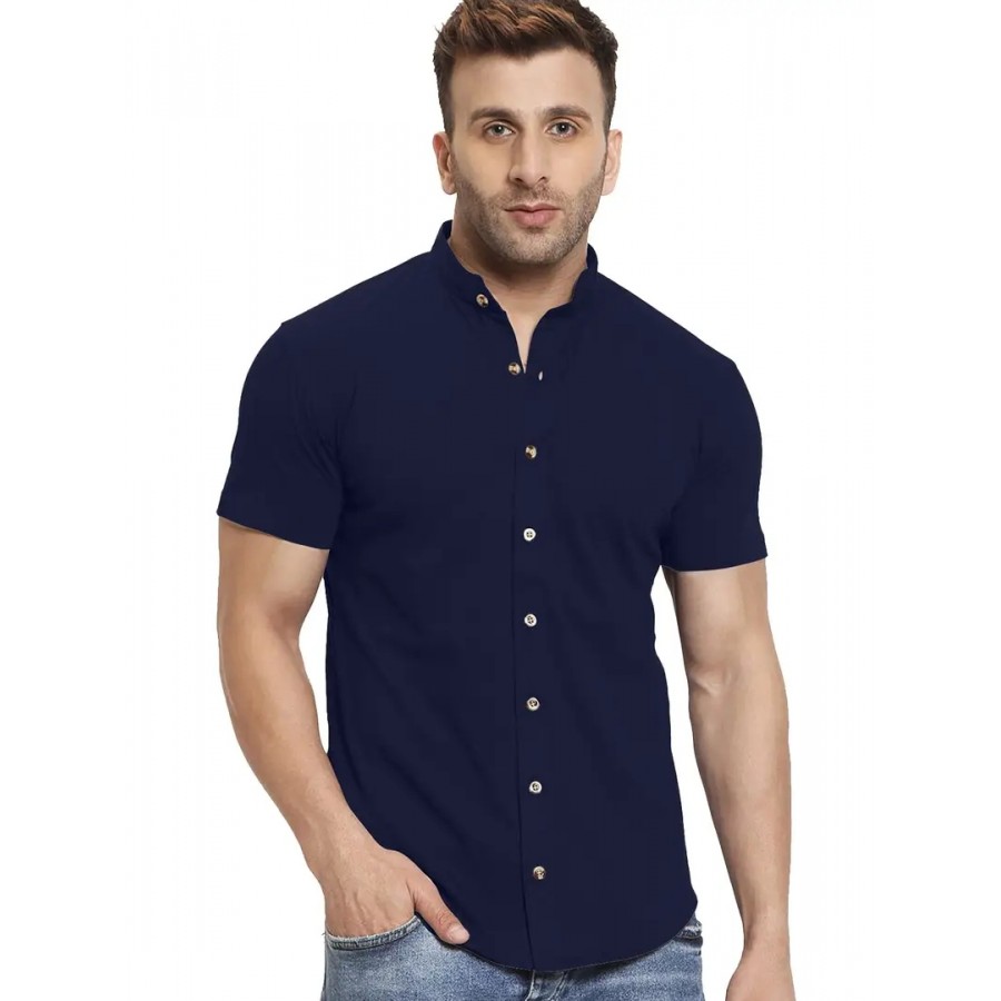 GESPO Men's Shirts Half Sleeves Mandarin Collar(Blue-Medium)