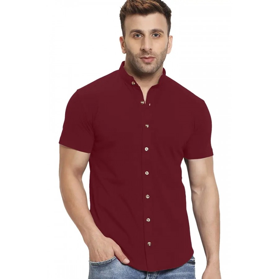 GESPO Men's Shirts Half Sleeves Mandarin Collar(Maroon-Large)