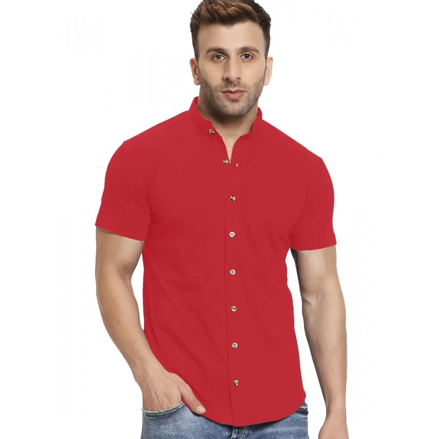 GESPO Men's Shirts Half Sleeves Mandarin Collar(Red-Small)