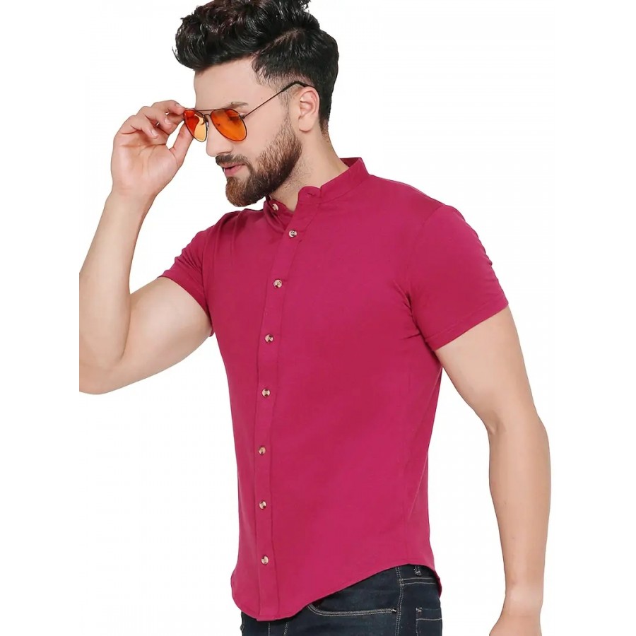 GESPO Men's Solid Black Maroon Collar Half Sleeve Casual Shirt