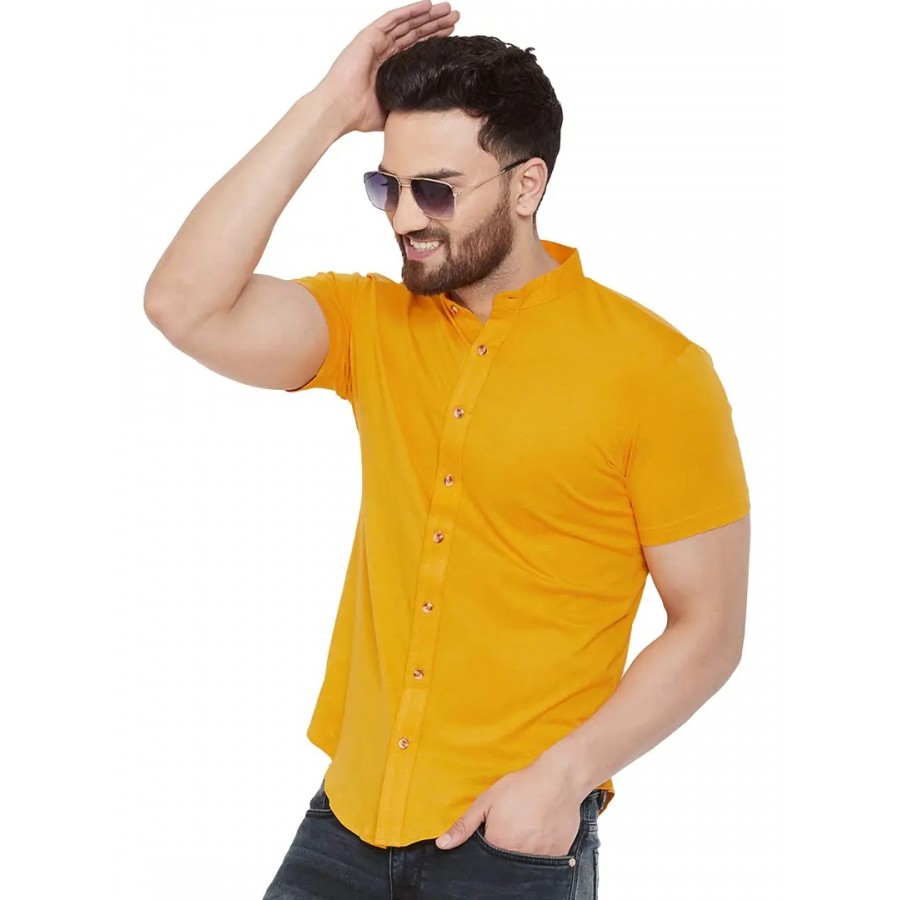 GESPO Men's Solid Mustard Mandarin Collar Half Sleeve Casual Shirt