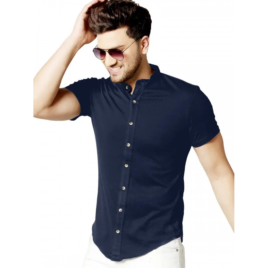 GESPO Men's Solid Navy Blue Mandarin Collar Half Sleeve Casual Shirt