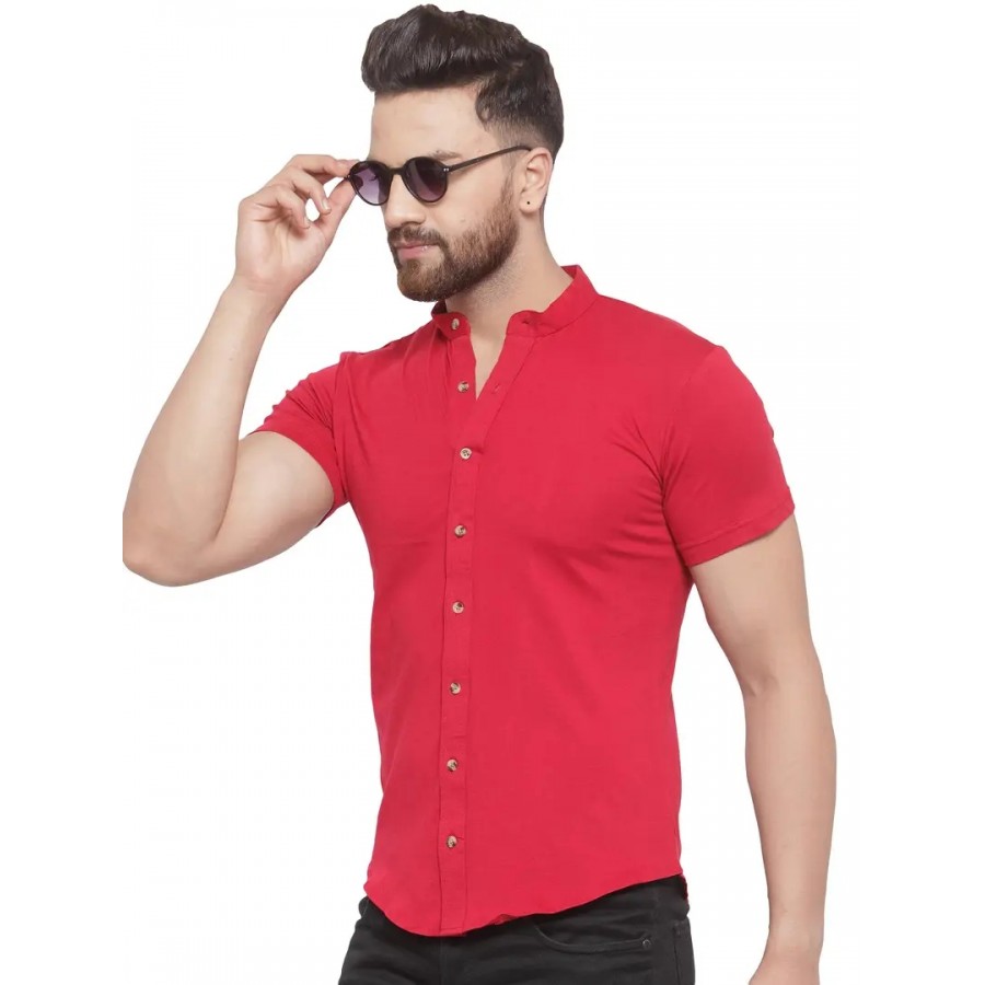 GESPO Men's Solid Red Mandarin Collar Half Sleeve Casual Shirt