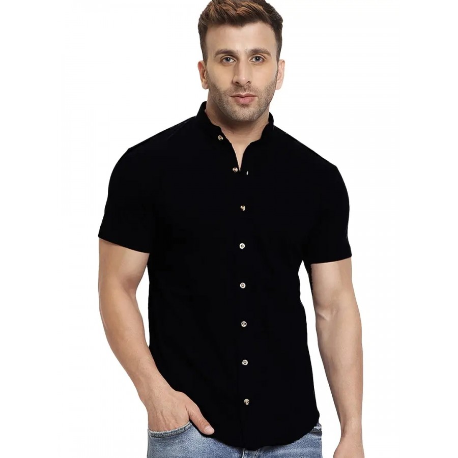 GESPO Men's Stylish Black Mandarin Collar Half Sleeve Casual Shirt