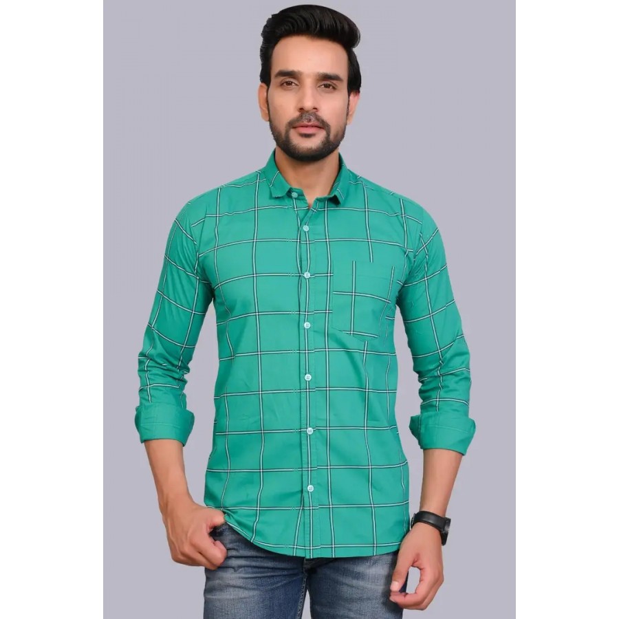 Green Cotton Checked Casual Shirts For Men