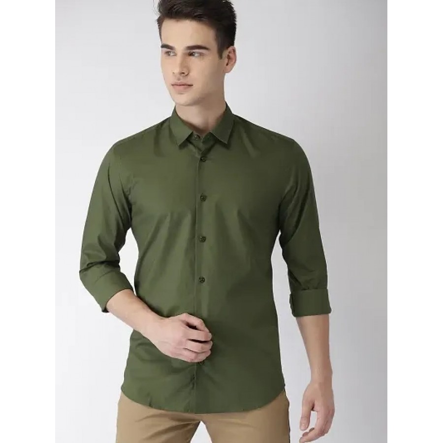 Green Cotton Solid Casual Shirts For Men