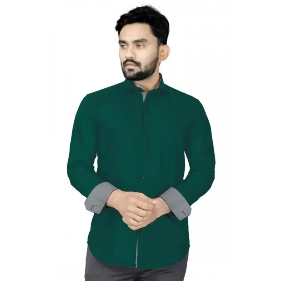 Green Cotton Solid Casual Shirts For Men