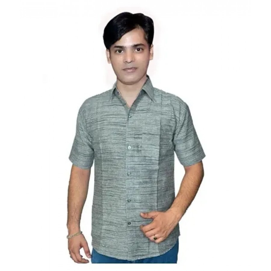 Grey Cotton Textured Casual Shirts For Men