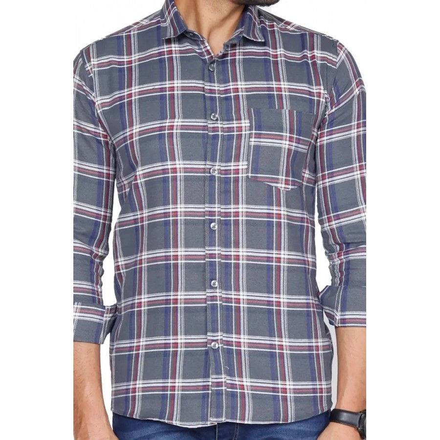 Grey Cotton Checked Casual Shirts For Men