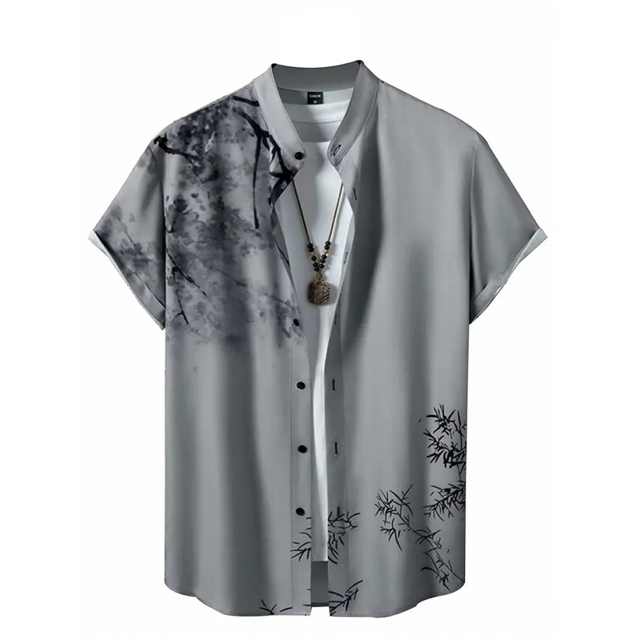 Hmkm Funky Printed Shirt for Men Half Sleeves (X-Large, Grey Tree)