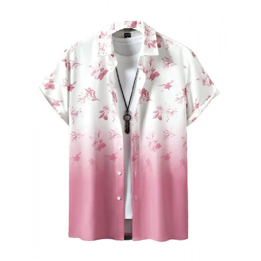 Hmkm Men's Lycra Lining Digital Printed Stitched Half Sleeve Shirt Casual Shirts (X-Large, Pink Flower)