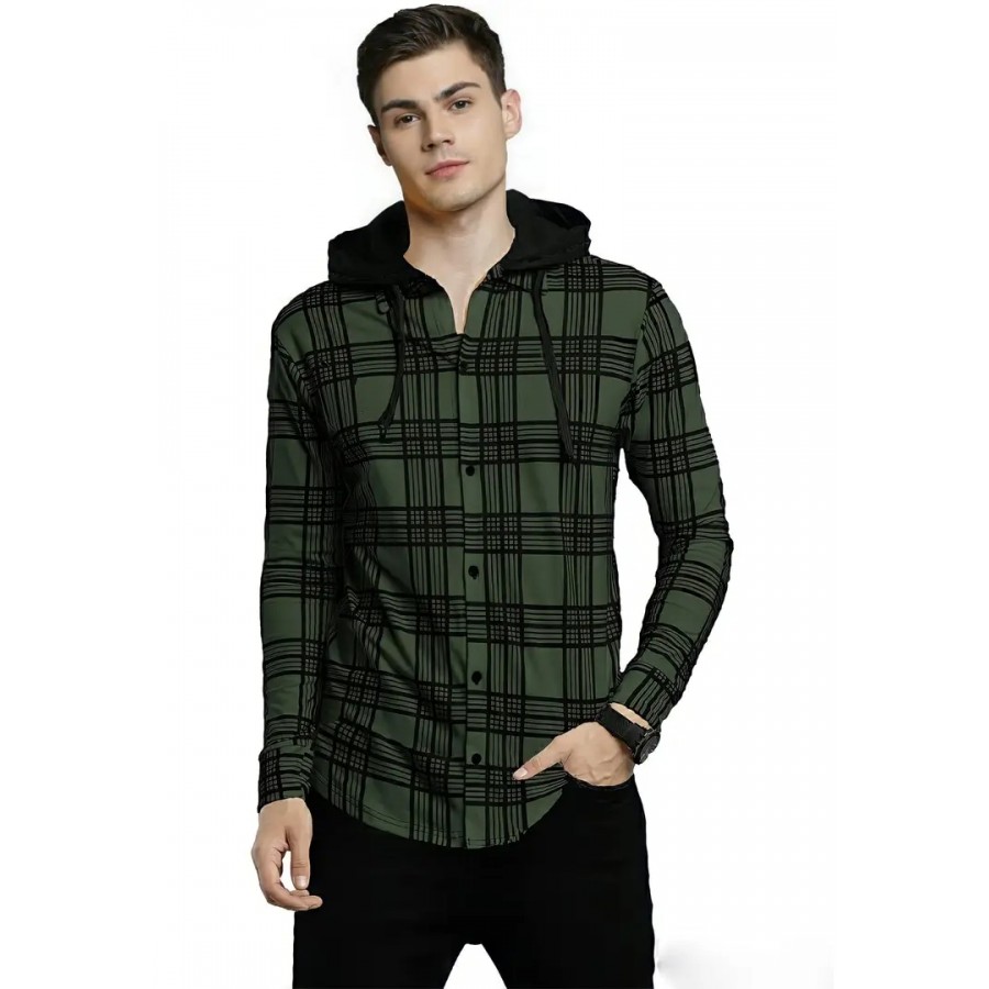 LEWEL Men's Hooded Stylish Checkered Full Sleeve Shirt Olive