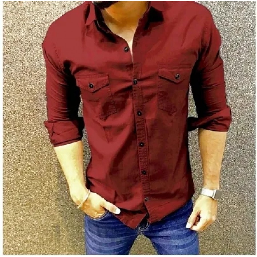 MENS DOUBLE POCKET SOLID CASUAL SHIRT